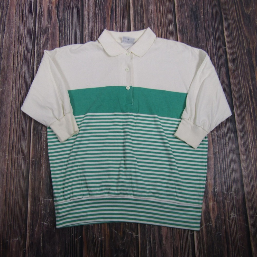 Vintage Leon Levin Womens Medium Green White Striped 3/4 Sleeve Polo Granny Core